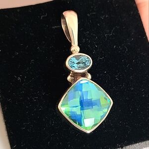 Vintage Boho Chunky Blue Green Faceted Peacock Quartz Sterling Silver Pendant